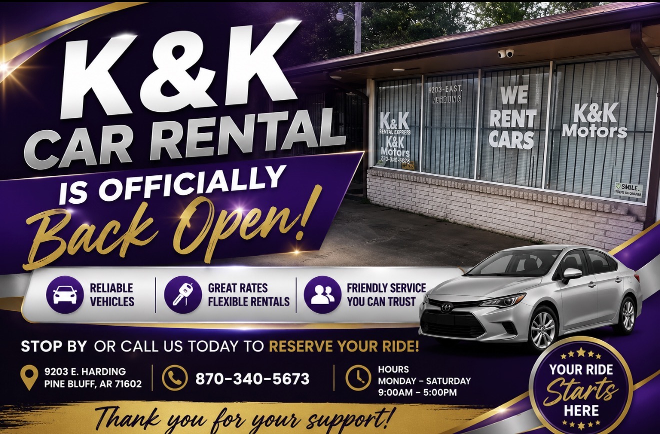 K&K Car Rental promotional flyer announcing officially back open
